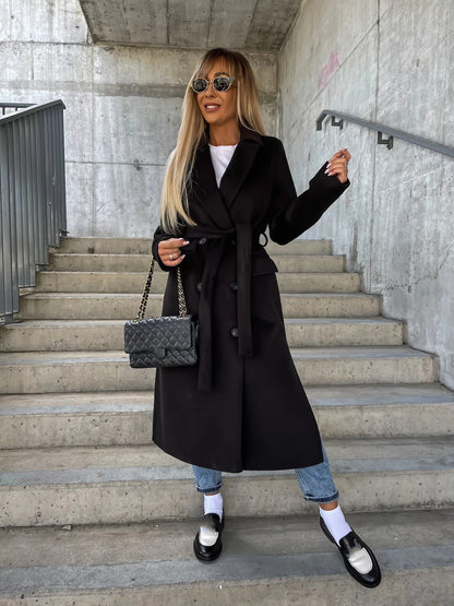 Veste à col cranté croisée avec ceinture, mode hiver, manches longues, boutons, manteaux quotidiens pour femmes