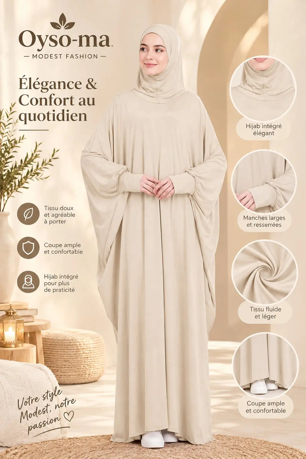 Robe Hijab à manches chauve-souris unie avec pochette