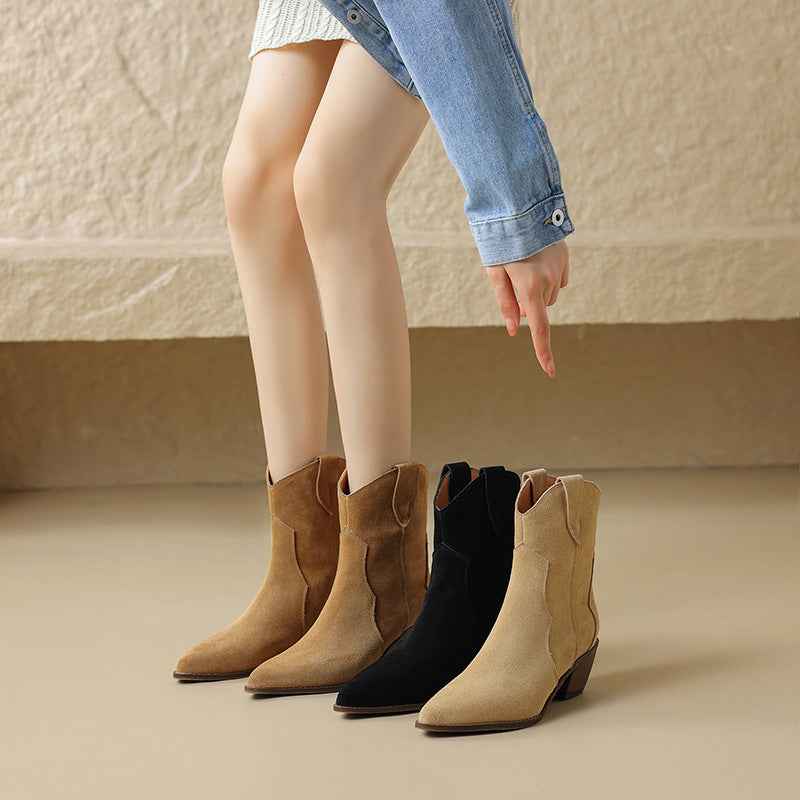 Bottines à talon moyen épais en cuir mat à la mode