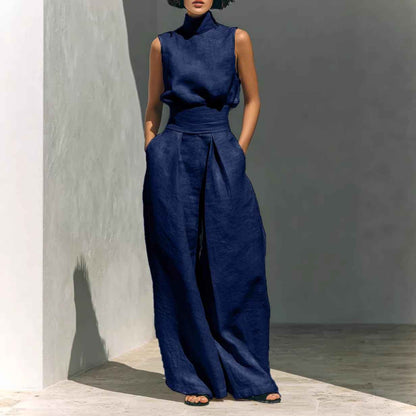 Casual Sleeveless Suit Summer Stand-up Collar Pullover Top And Loose Straight-leg Trousers Women's Clothing