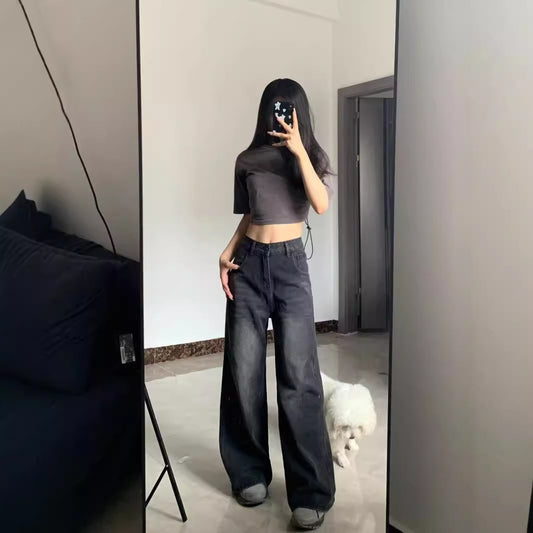 pantalon Jean lavé grande taille , jambe large