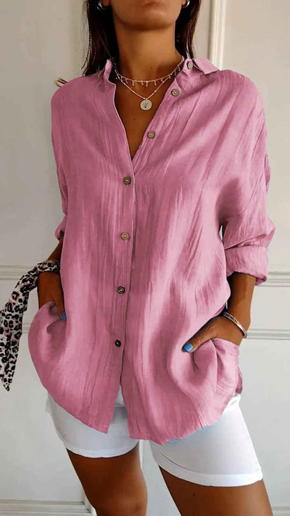 Lapel Long Sleeve Shirt Women's Single-breasted Pleated Shirt Tops Clothing
