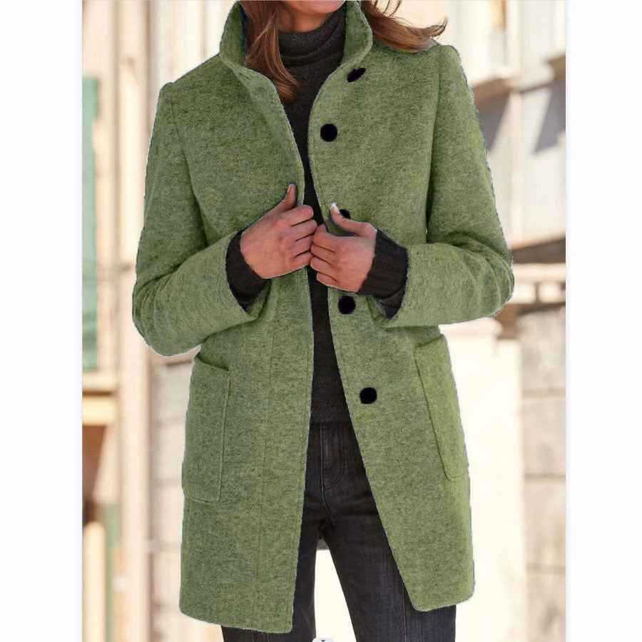 Manteau en laine à col montant avec poches, automne-hiver pour femmes