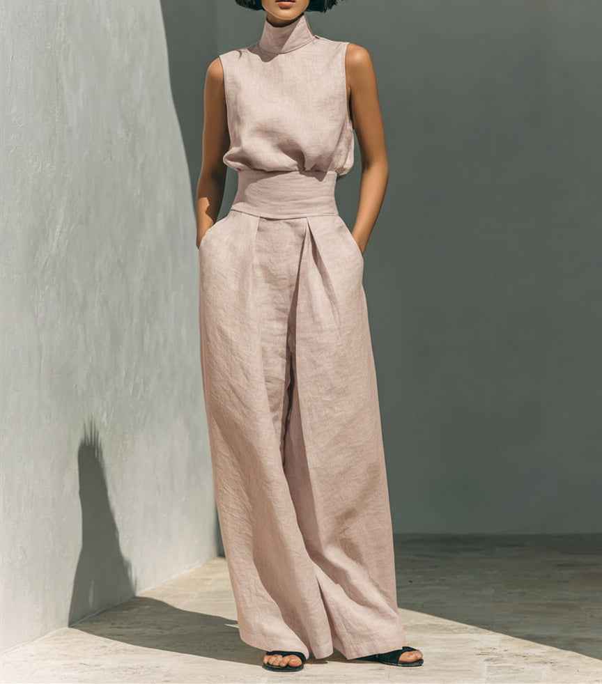 Casual Sleeveless Suit Summer Stand-up Collar Pullover Top And Loose Straight-leg Trousers Women's Clothing