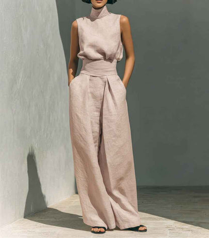 Casual Sleeveless Suit Summer Stand-up Collar Pullover Top And Loose Straight-leg Trousers Women's Clothing