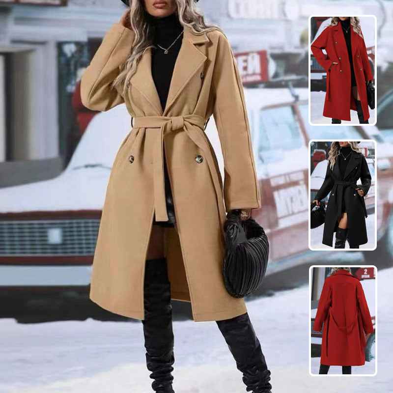 Trench-coat long à double boutonnage avec ceinture
