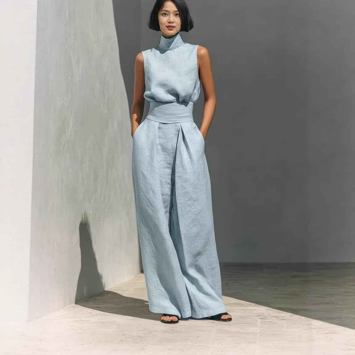 Casual Sleeveless Suit Summer Stand-up Collar Pullover Top And Loose Straight-leg Trousers Women's Clothing