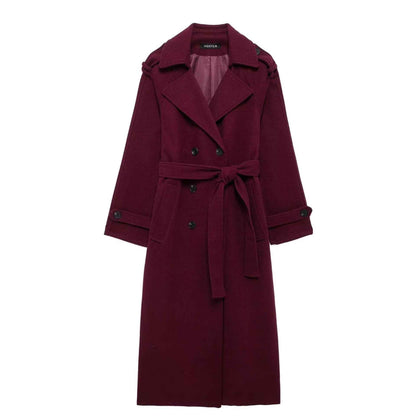 Manteau en laine à revers avec ceinture , trench long croisé