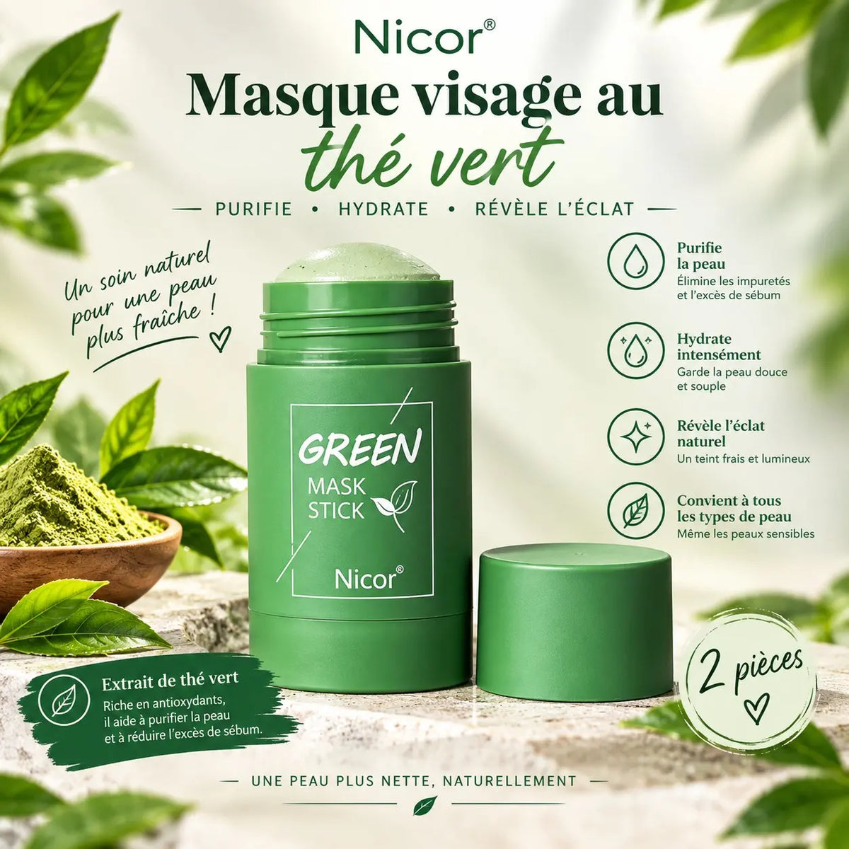 Duo de Masques Visage en Stick Nicor – Green & Eggplant | Soin Purifiant et Éclat