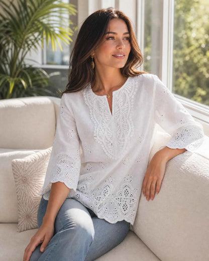 Chemise nouvelle arrivée à col en V bordé de dentelle
