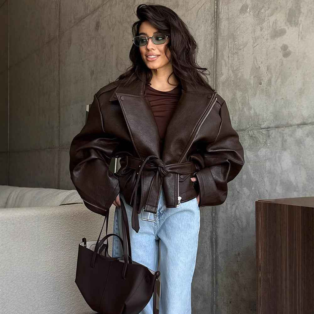 Manteau en cuir à lacets court pour femme au tempérament