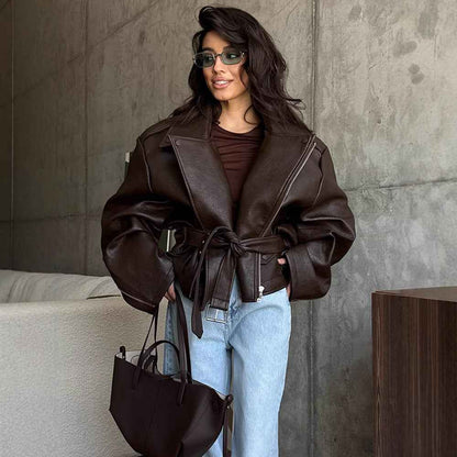 Manteau en cuir à lacets court pour femme au tempérament