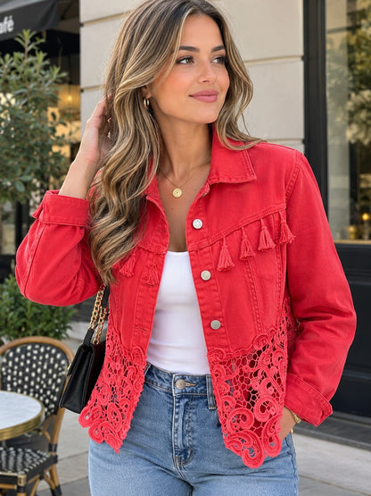 Veste pour femmes bohème à revers, empiècement ajouré et franges chic