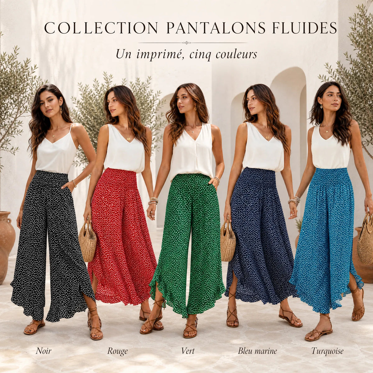 Pantalon pois taille haute jambes larges
