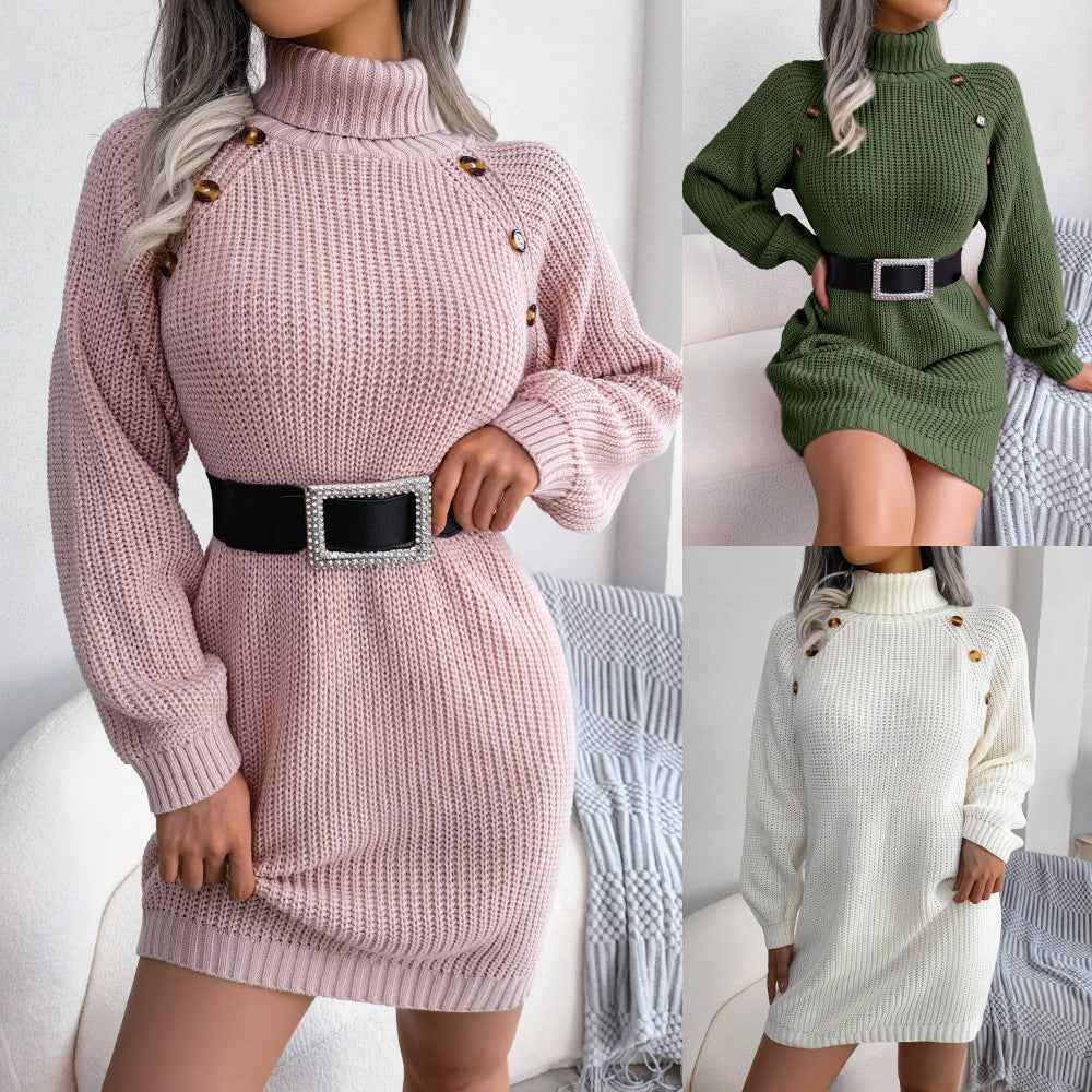 Robe pull col roulé à manches longues – Détails boutons