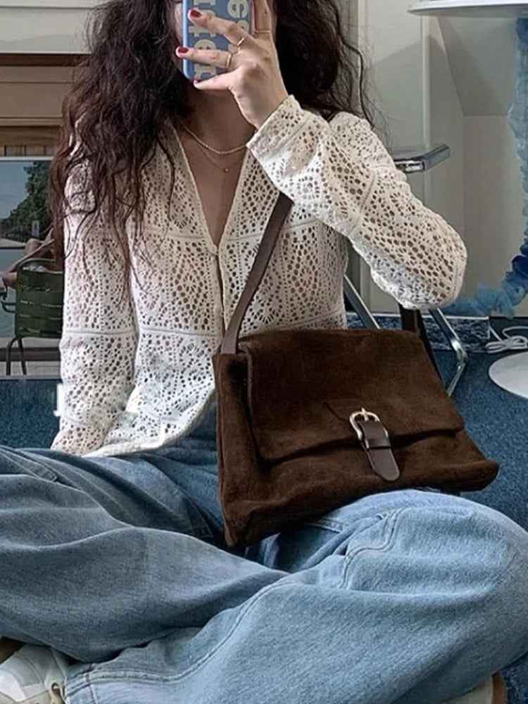 Sac Vintage en Daim à Épaule Unique et Sous le Bras Tout Usage Décontracté