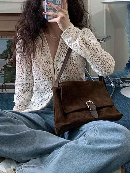 Sac Vintage en Daim à Épaule Unique et Sous le Bras Tout Usage Décontracté