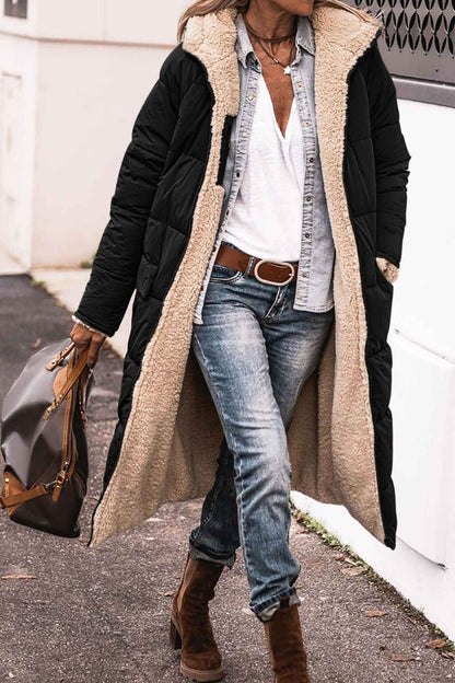Manteau long à capuche de couleur unie, manches longues d'hiver, Pour Femme