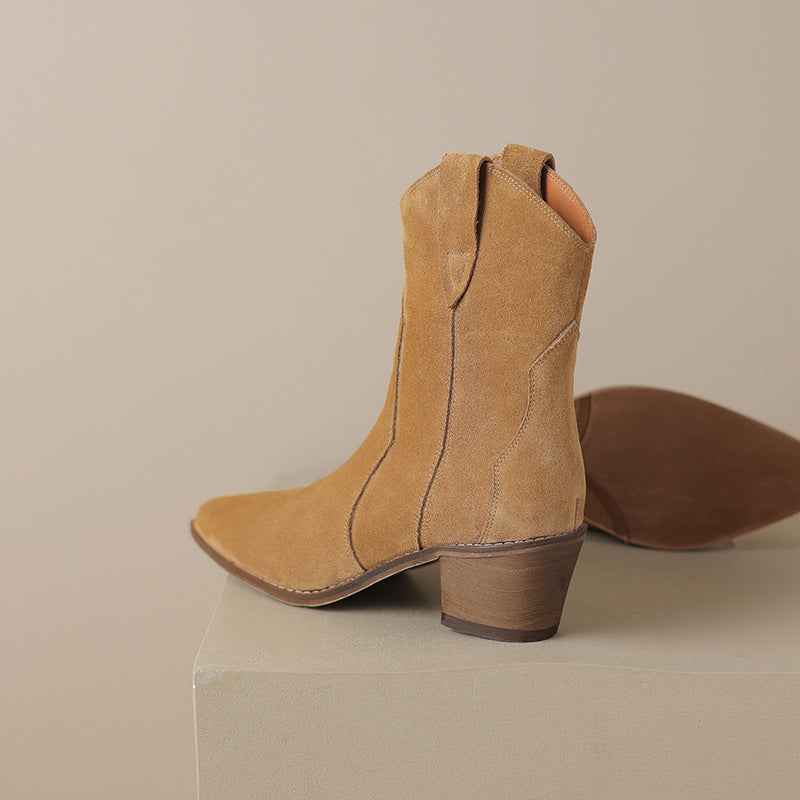 Bottines à talon moyen épais en cuir mat à la mode