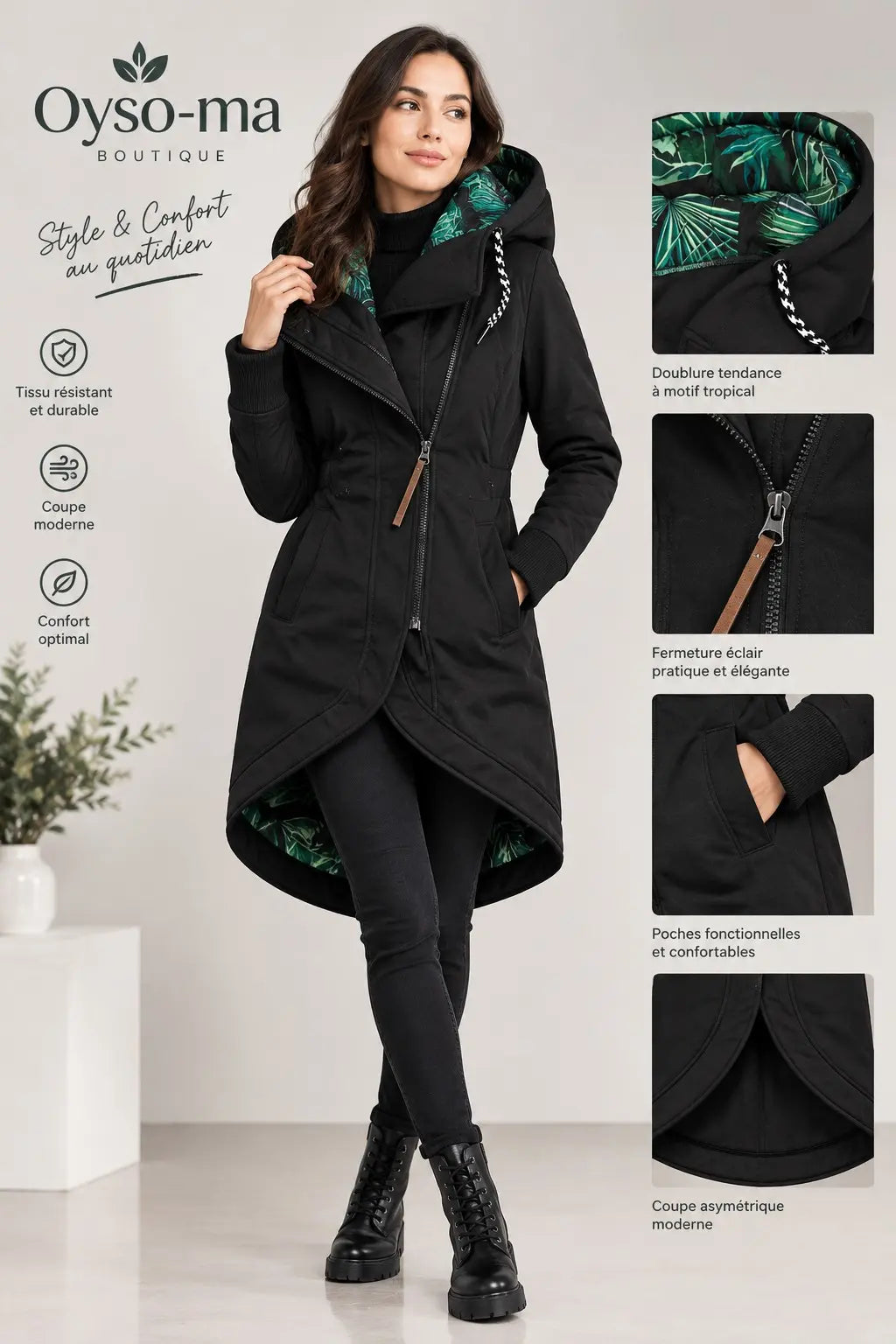 Manteau à capuche interieur imprimée de couleur unie