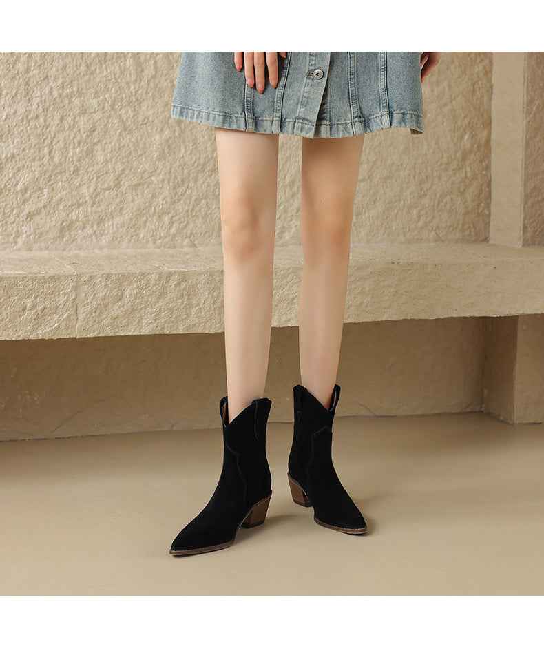 Bottines à talon moyen épais en cuir mat à la mode