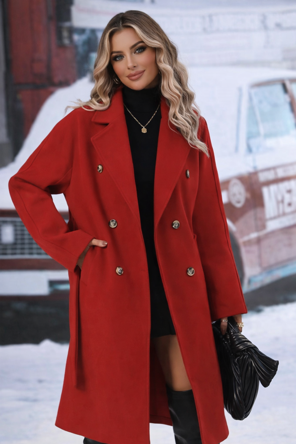 Trench-coat long à double boutonnage avec ceinture