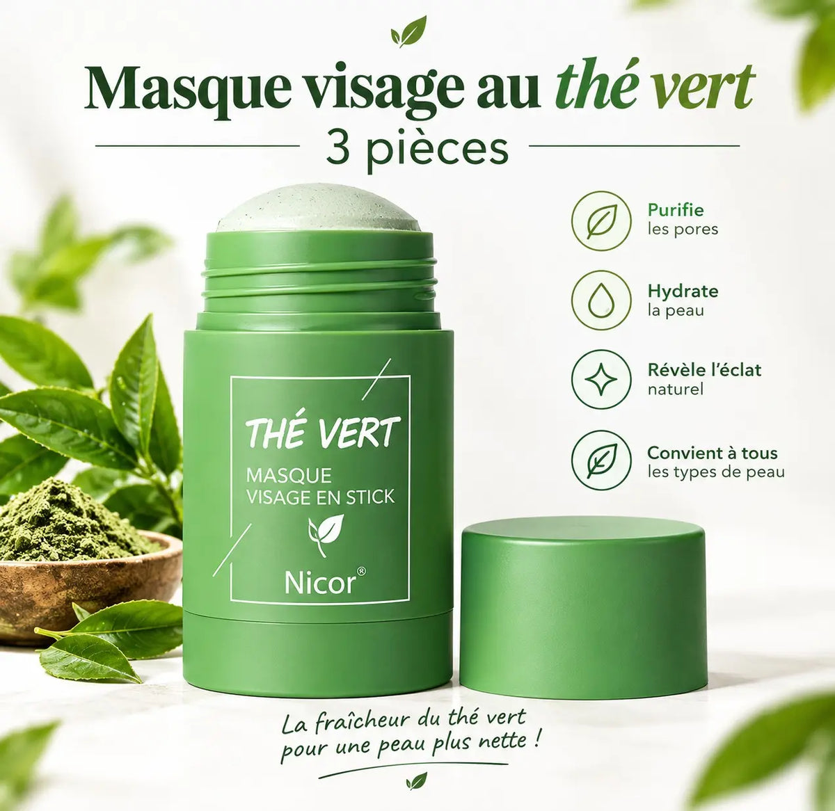 Duo de Masques Visage en Stick Nicor – Green & Eggplant | Soin Purifiant et Éclat