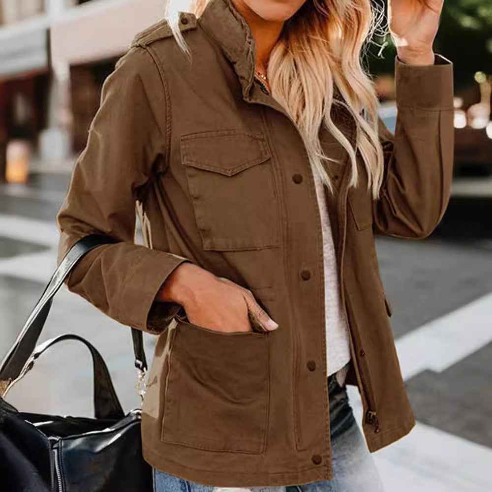 Veste décontractée pour femme à fermeture éclair, col à revers