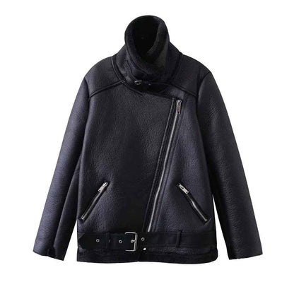 Veste Cuir PU en fourrure d'agneau intégrée