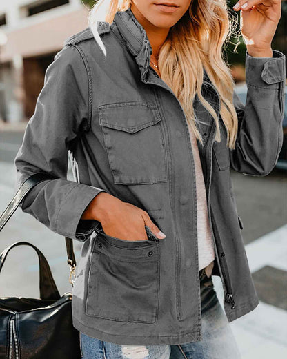 Veste décontractée pour femme à fermeture éclair, col à revers