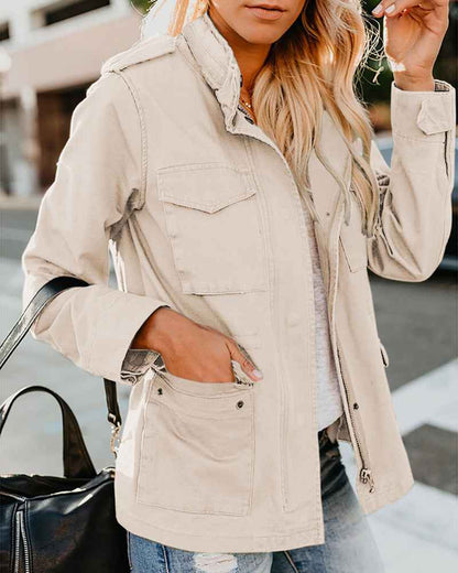 Veste décontractée pour femme à fermeture éclair, col à revers