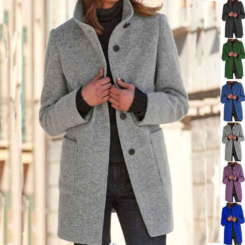 Manteau en laine à col montant avec poches, automne-hiver pour femmes