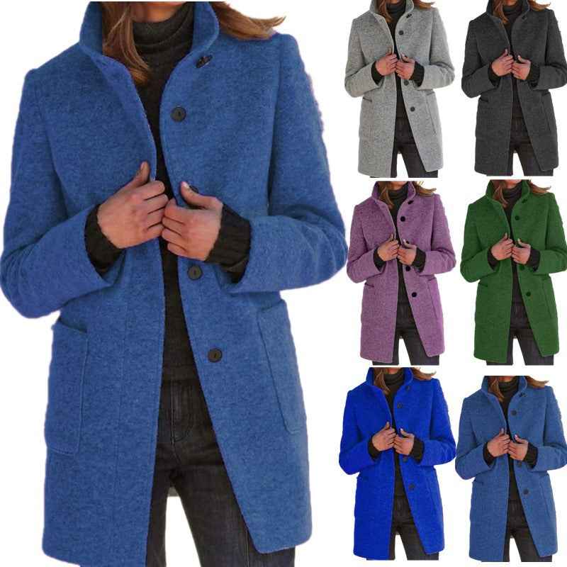 Manteau en laine à col montant avec poches, automne-hiver pour femmes