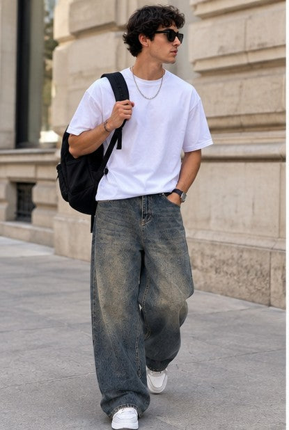 Jean large décontracté usé style rétro