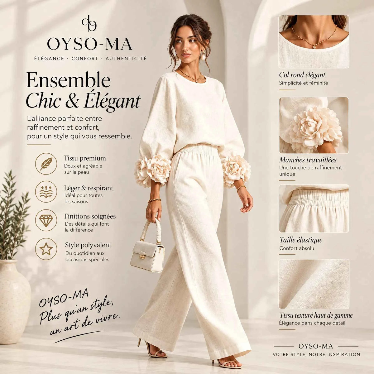 Ensemble haut à manches bouffantes à motif floral et pantalon large
