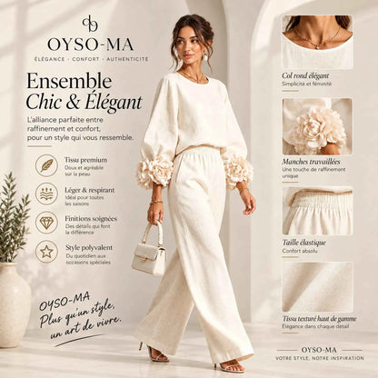 Ensemble haut à manches bouffantes à motif floral et pantalon large