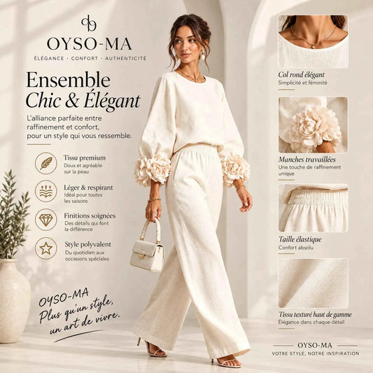 Ensemble haut à manches bouffantes à motif floral et pantalon large