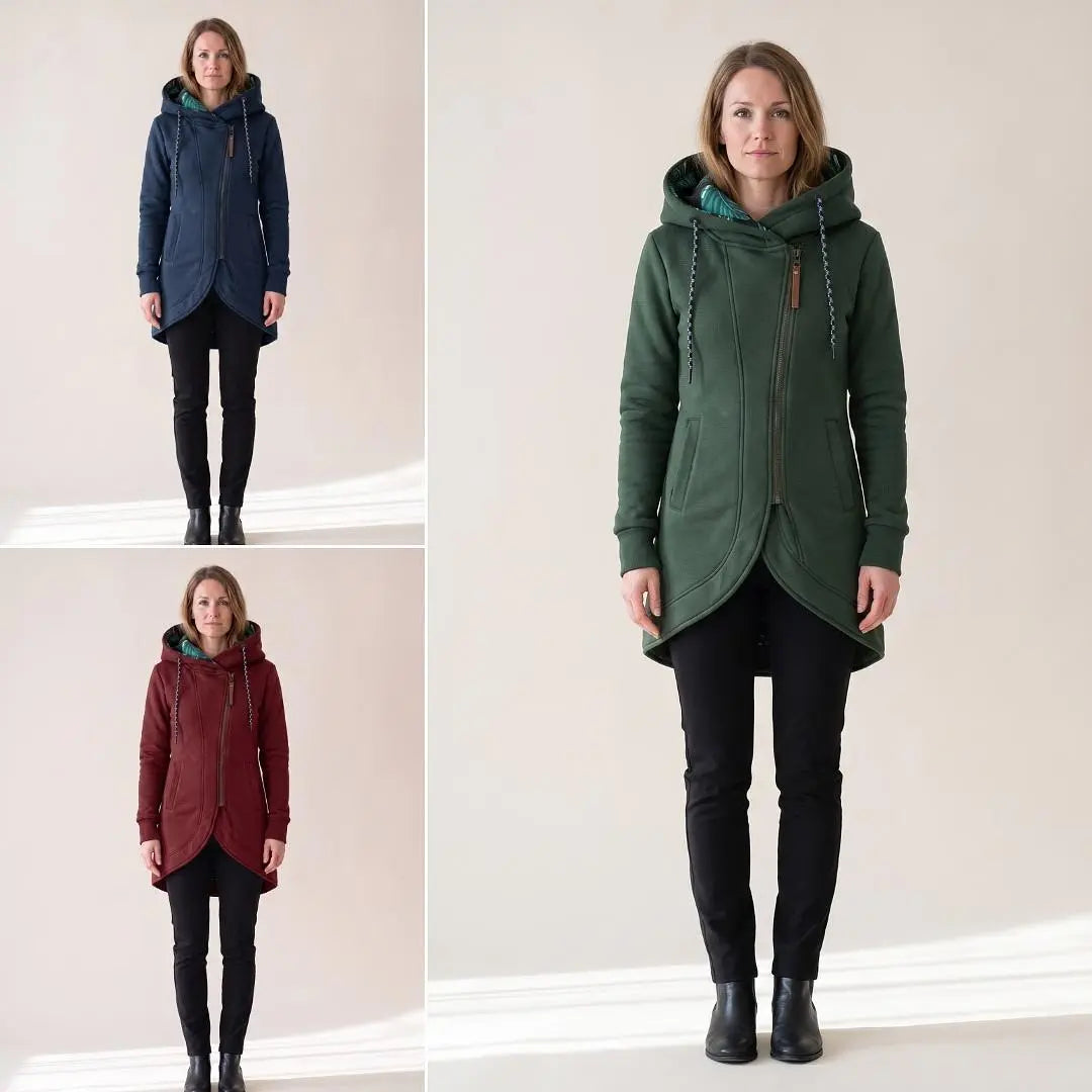 Manteau à capuche interieur imprimée de couleur unie