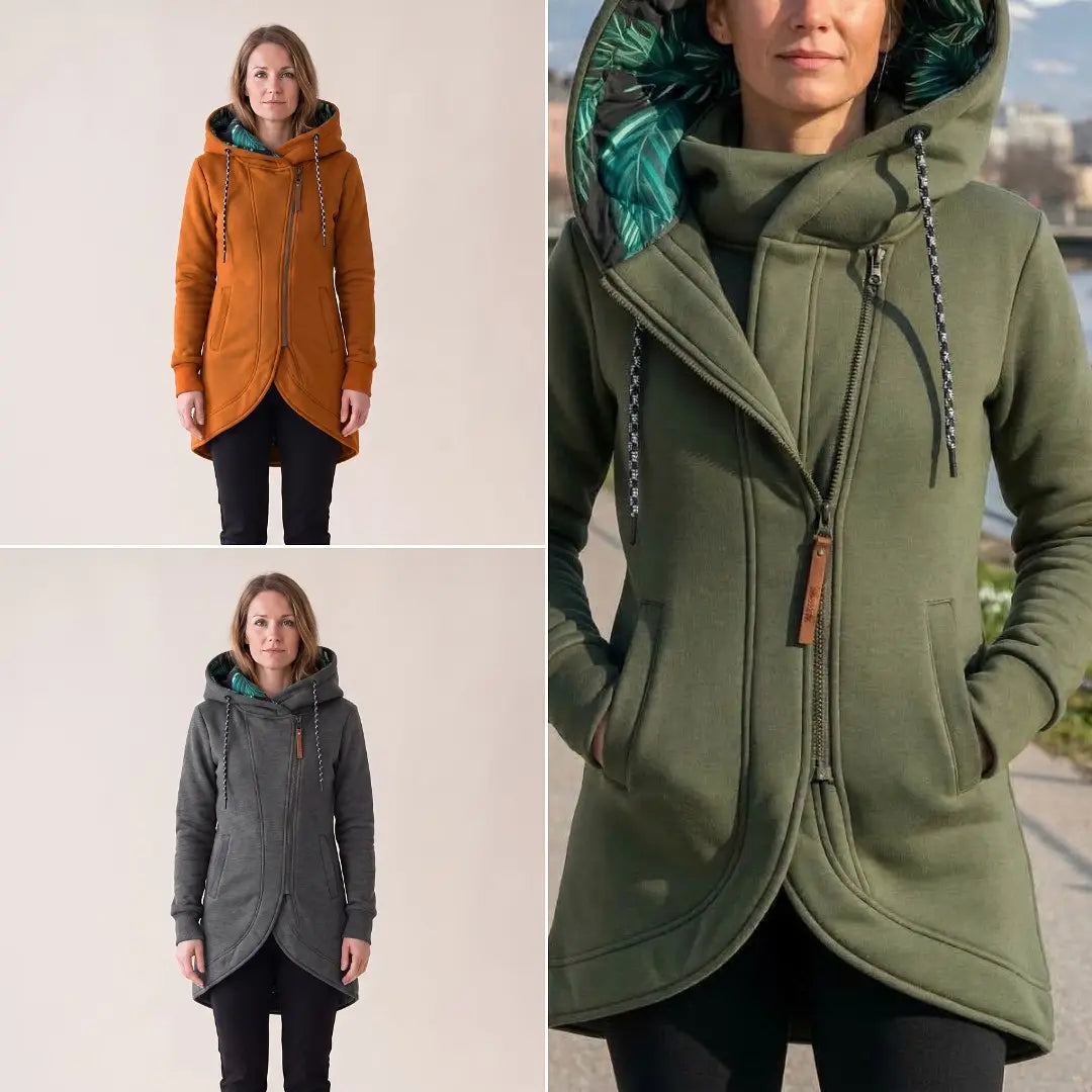 Manteau à capuche interieur imprimée de couleur unie