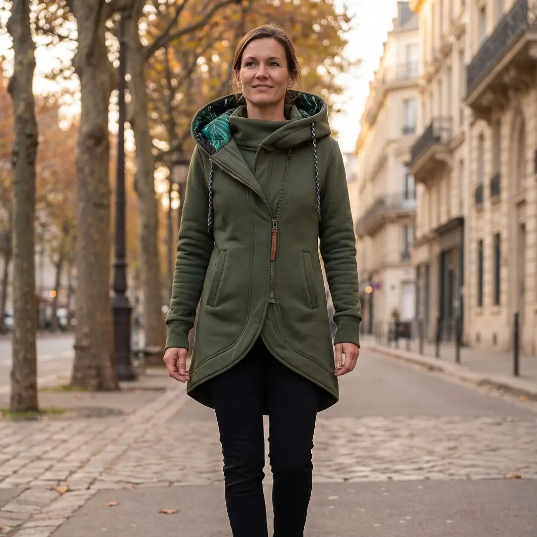 Manteau à capuche interieur imprimée de couleur unie