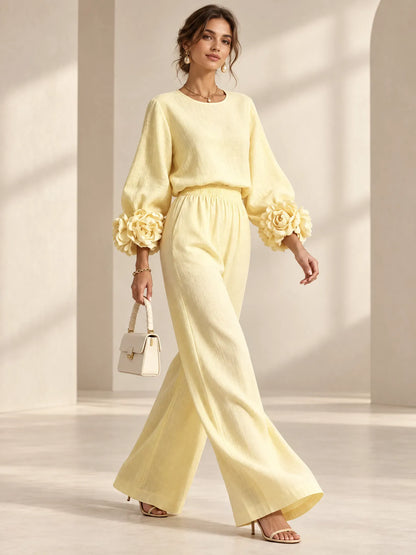 Ensemble haut à manches bouffantes à motif floral et pantalon large