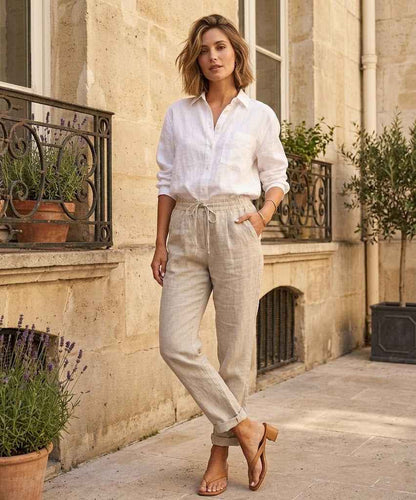Pantalon décontracté en coton et lin pour femmes - Oyso - ma