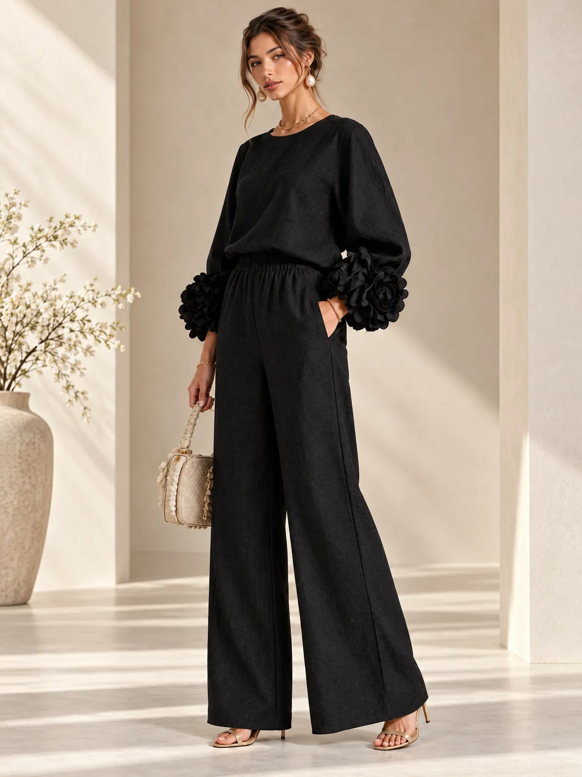 Ensemble haut à manches bouffantes à motif floral et pantalon large