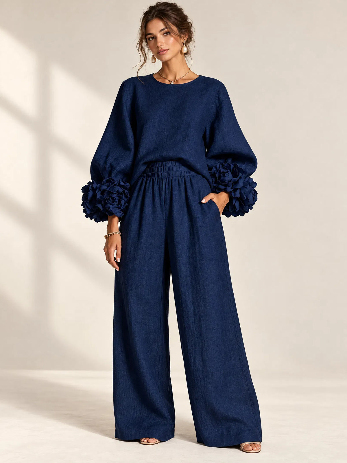 Ensemble haut à manches bouffantes à motif floral et pantalon large