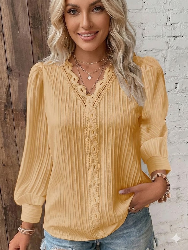 Chemise à manches longues avec col en V en dentelle