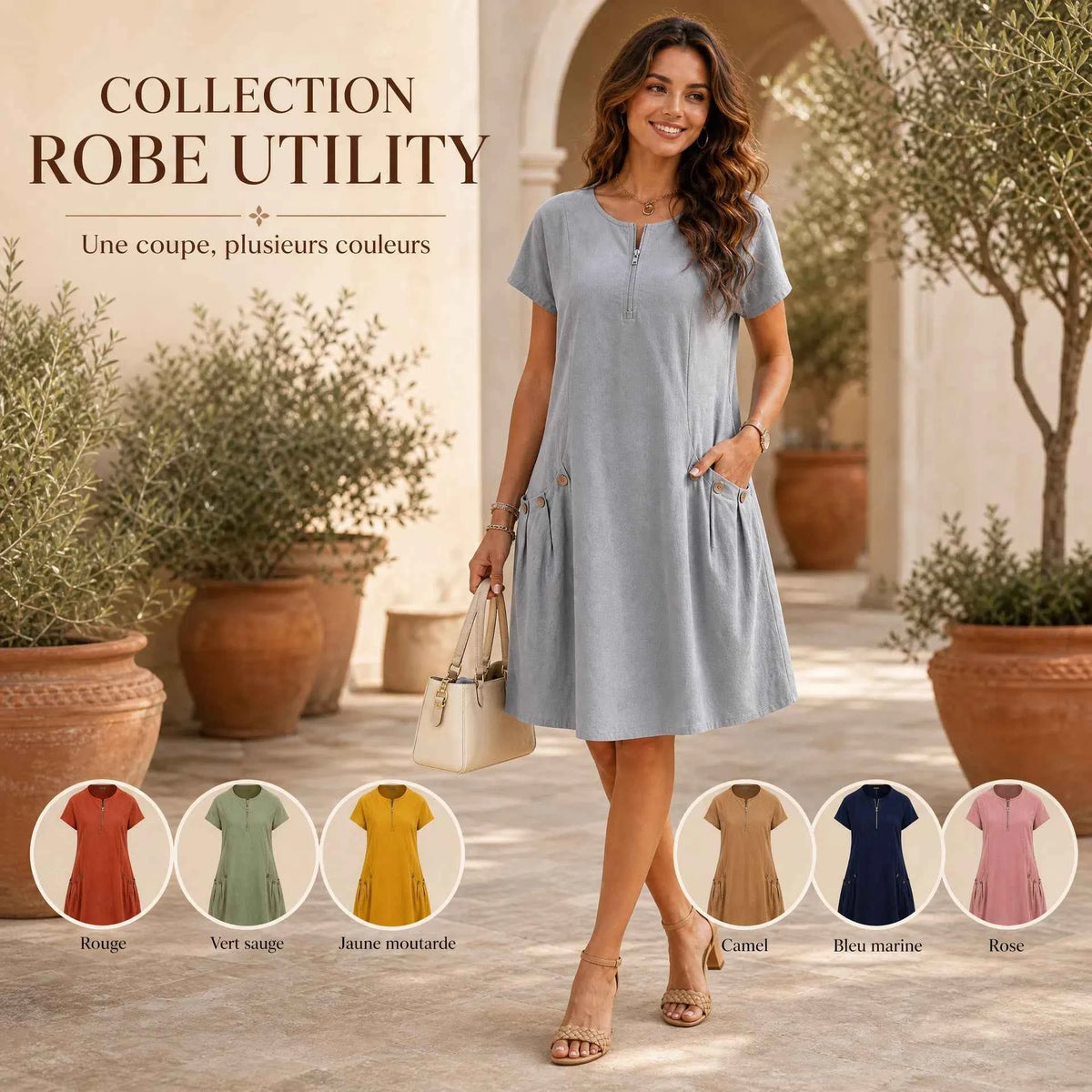 Robe Courte Casual à Col Zippé et Poches Plaquées