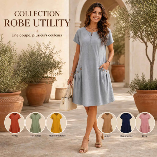 Robe Courte Casual à Col Zippé et Poches Plaquées