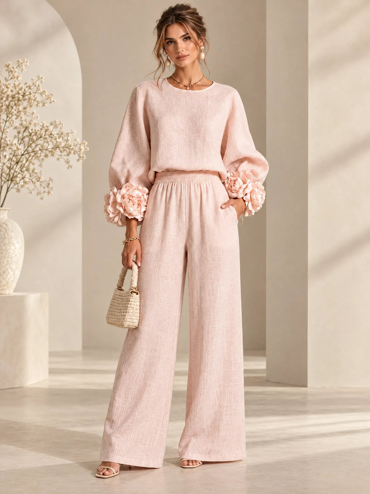Ensemble haut à manches bouffantes à motif floral et pantalon large
