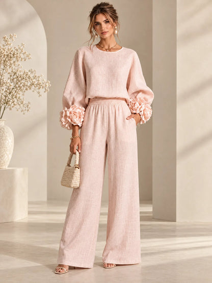 Ensemble haut à manches bouffantes à motif floral et pantalon large